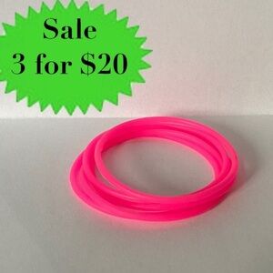 NEON PINK 5pc Rubber Gummy Bracelets Silicone Jelly Wristbands 80s retro set